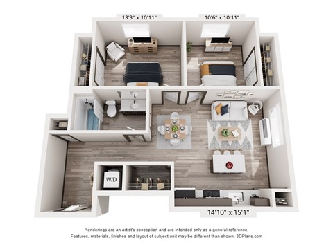 Floor plan for 2 beds, 1 bath, 754 sqft